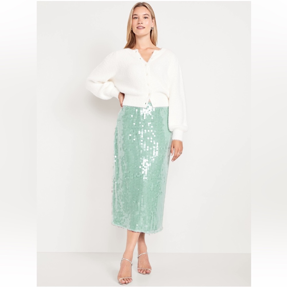 NWT Old Navy High-Waisted Sequin Midi Pencil Skirt Oyster Bay Green Size Small S
